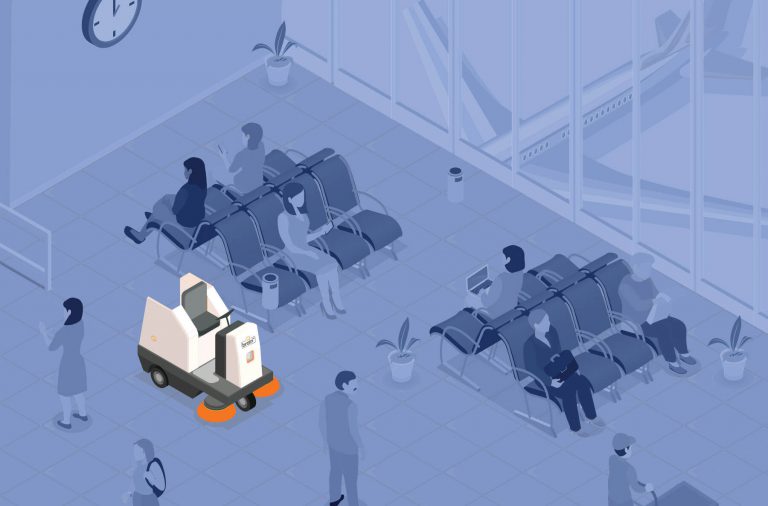 Flagship Uses BrainOS-Powered Cobots to Improve Airport Sanitation Brain Corp Clean Airport Illustration